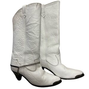 Rodeo Drive White Leather Western Chain Heeled Boots Size 8M